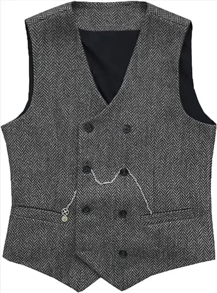 Multiuse  Stylish V Neck Men's Suit Vests Herringbone Wool Tweed Double Breasted Waistcoat