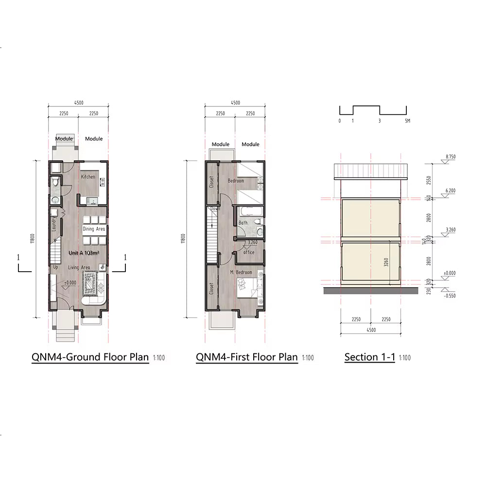 Modular Prefab Narrow Module Townhouse Light Gauge Steel Timber Structure Heavy Steel Frame Modern Prefabricated House Solution