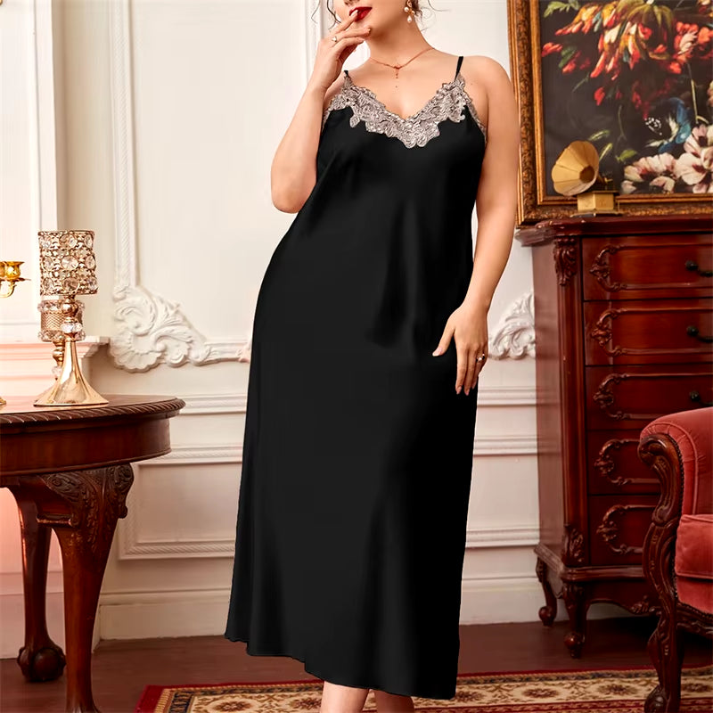 New Sleepwear Women Lace Silk Satin Sleeveless Nighties Summer V-Neck Suspender Thin Long Imitation Silk Nightgown