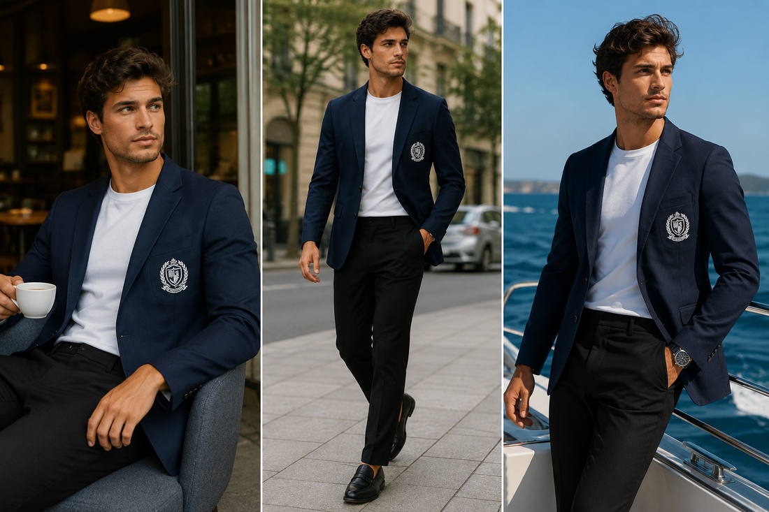 Men's One-Button Navy Blue Badge Blazer
