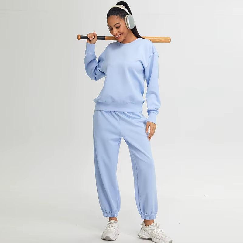 Fusion Quality Yoga Set Women Long Sleeve O Neck Hoodie and High Waist Sweatpants Running Suit