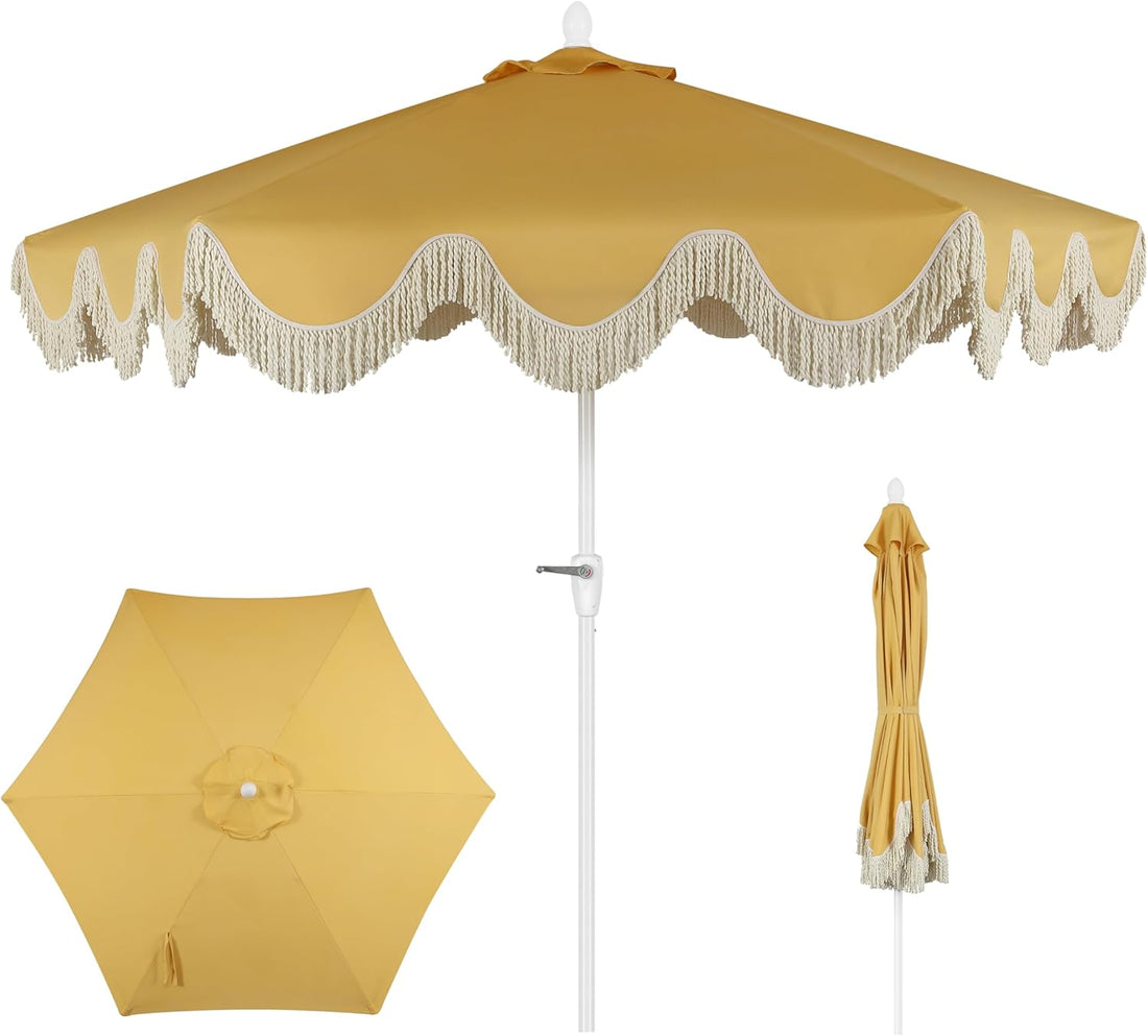 UMB1001 Collins 9 Ft. Classic Cottage Tassel Market Patio Umbrella with Auto-Tilt, Crank, Wind Vent and UV Protection