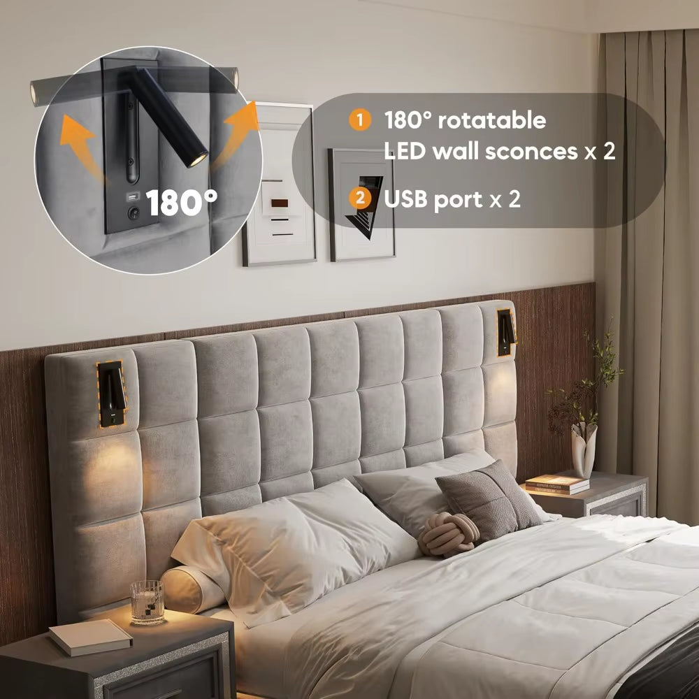 Elegant Velvet, King Platform Bed Frame with Headboard, 2 LED Wall Sconces