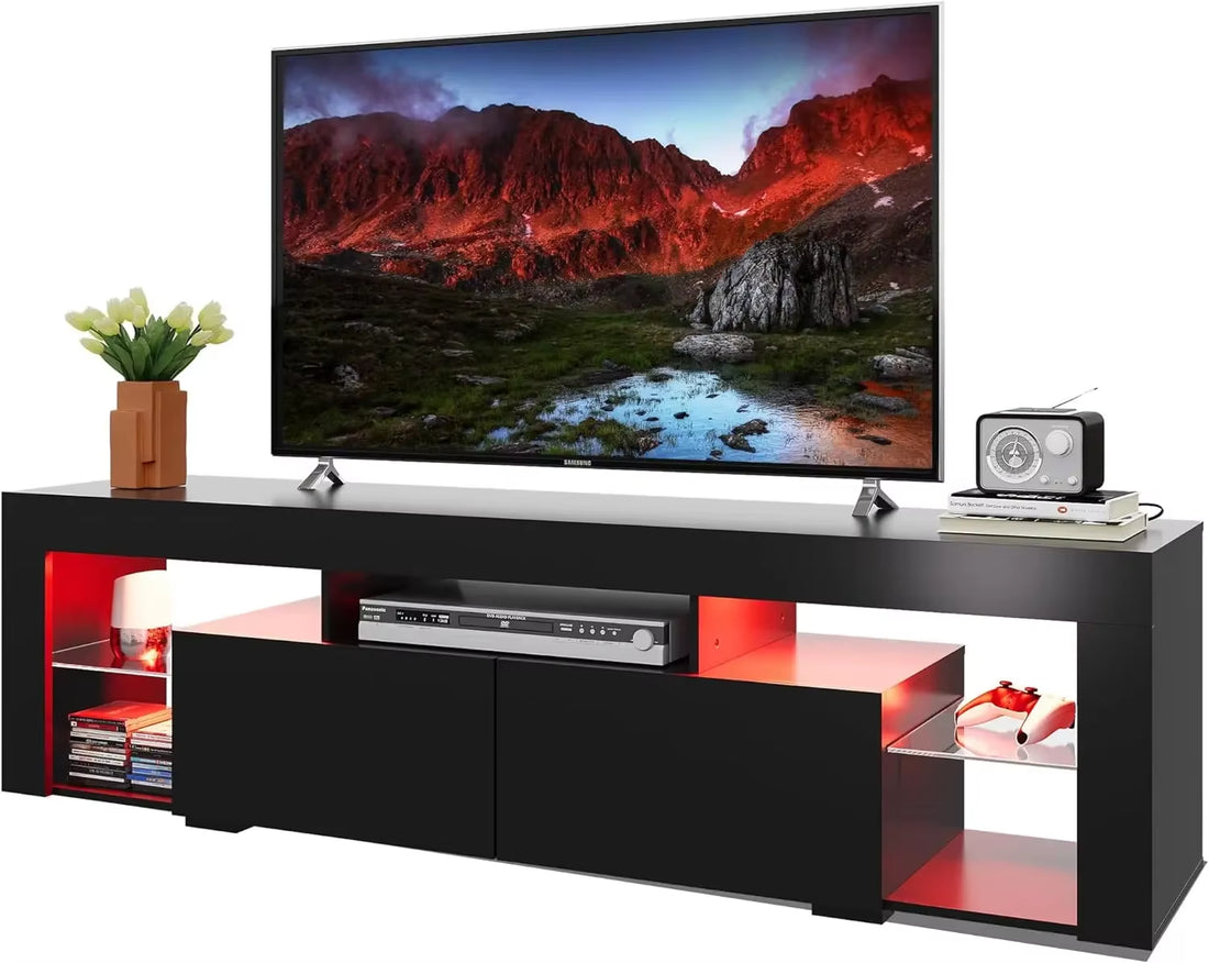 LED TV Stand, Modern Entertainment Center with Open Shelves, with 2 Bedroom Storage Drawers, Wooden TV Cabinet