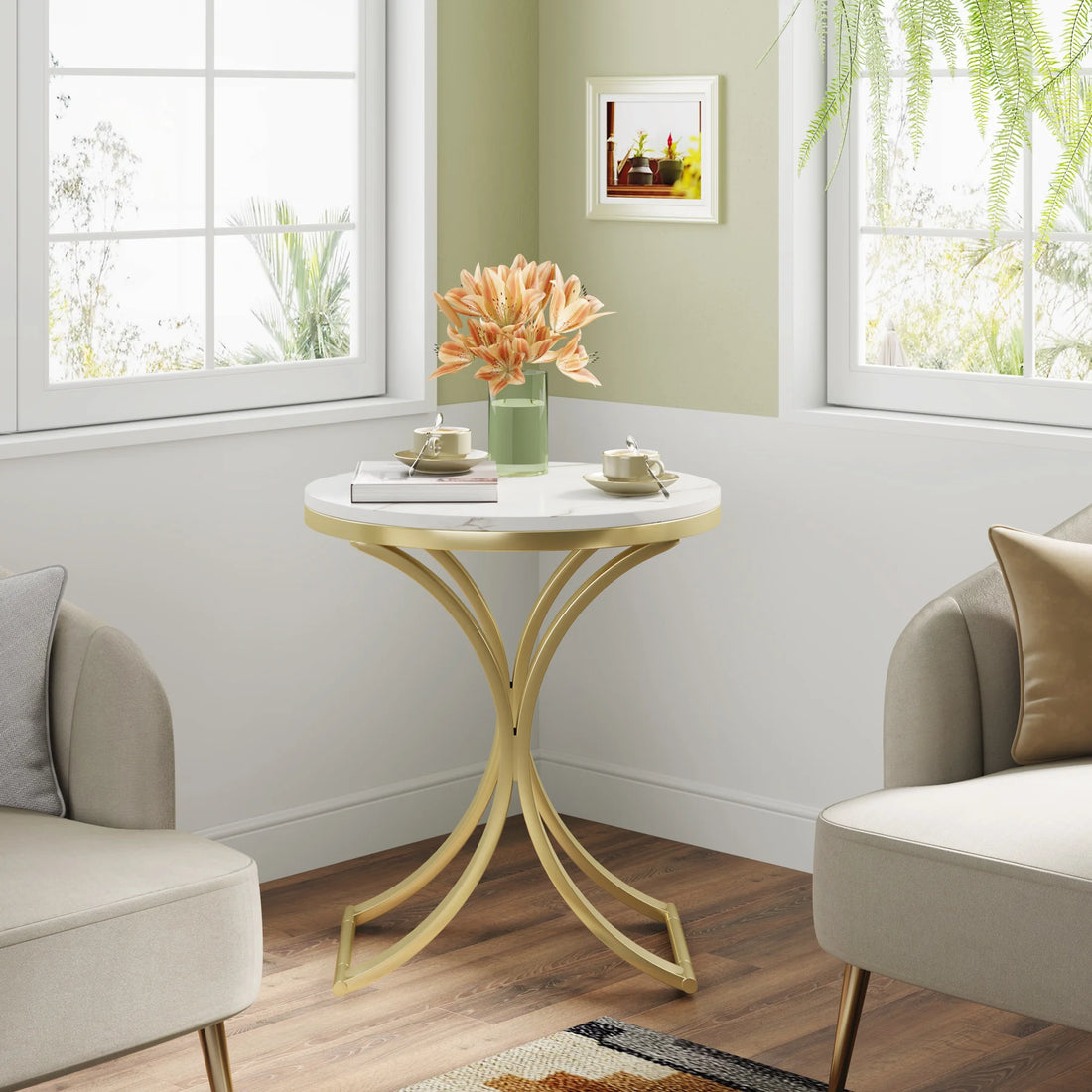 White Gold Side round End Table Modern Small Coffee Table