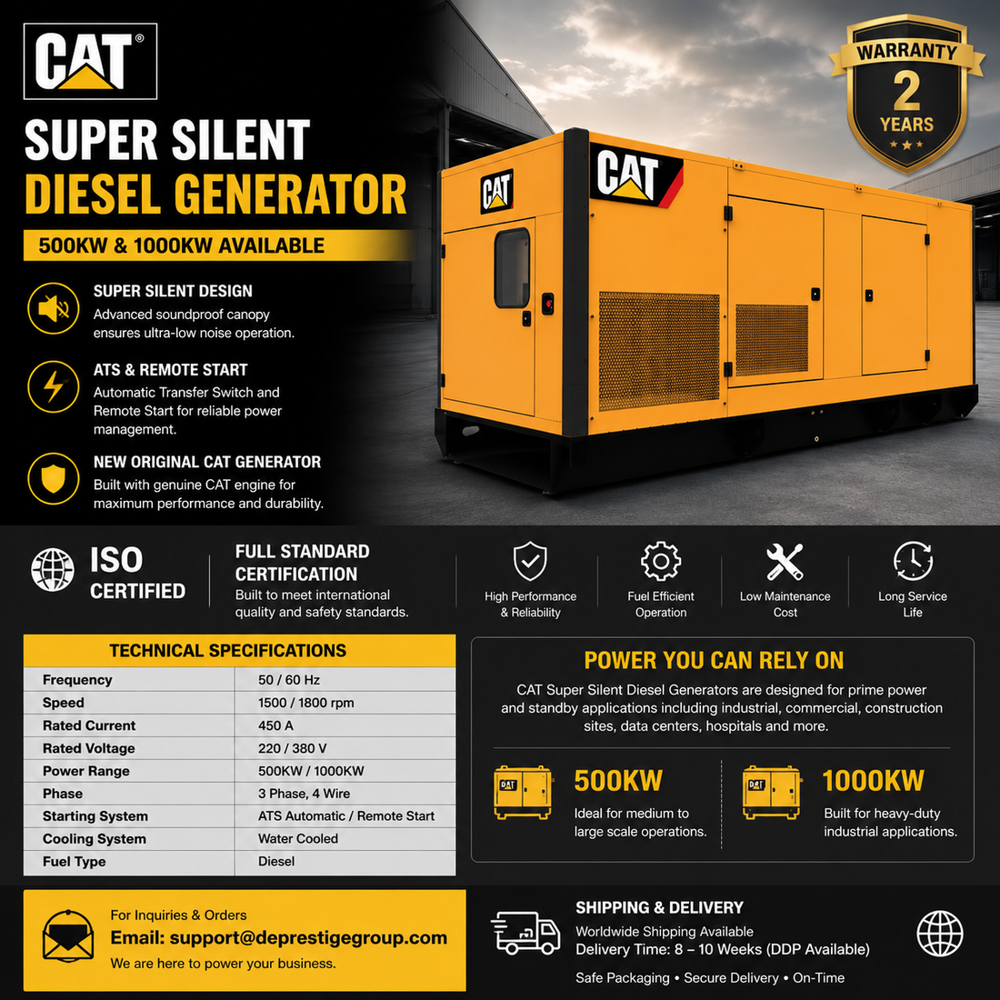 Nouveau Groupe Électrogène Diesel CAT Super Silencieux à Démarrage à Distance ATS Original - 500KW Certifié ISO