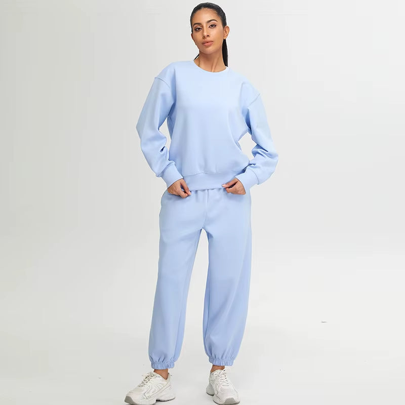 Fusion Quality Yoga Set Women Long Sleeve O Neck Hoodie and High Waist Sweatpants Running Suit