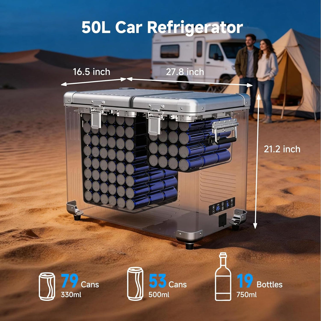 53 Quart (50L) Portable Car Refrigerator, 12V Dual Zone Car Fridge Freezer, Lightweight Aluminum Electric Cooler with Compressor, -4°F to 68°F, DC/AC for Truck, RV, Camping, Van, Home Use