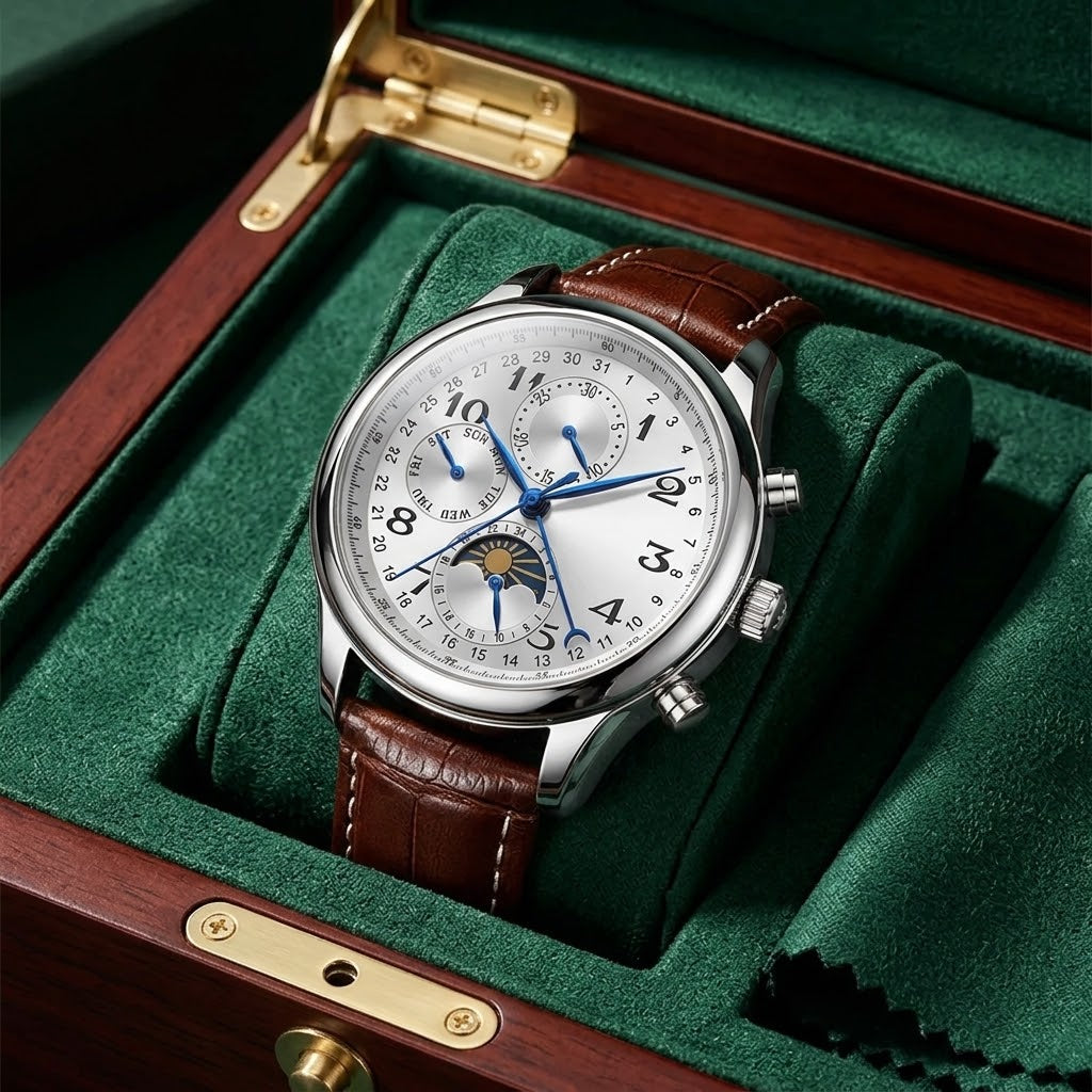 Men's Luxury Automatic Moon Phase Watch – Seven-Hand Mechanical Dress Watch