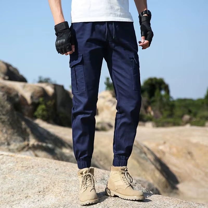 Drawstring Spring Autumn Men'S Clothing Solid Color Elastic High Waisted Pockets Casual Retro Bloomers Trousers Cargo Pants