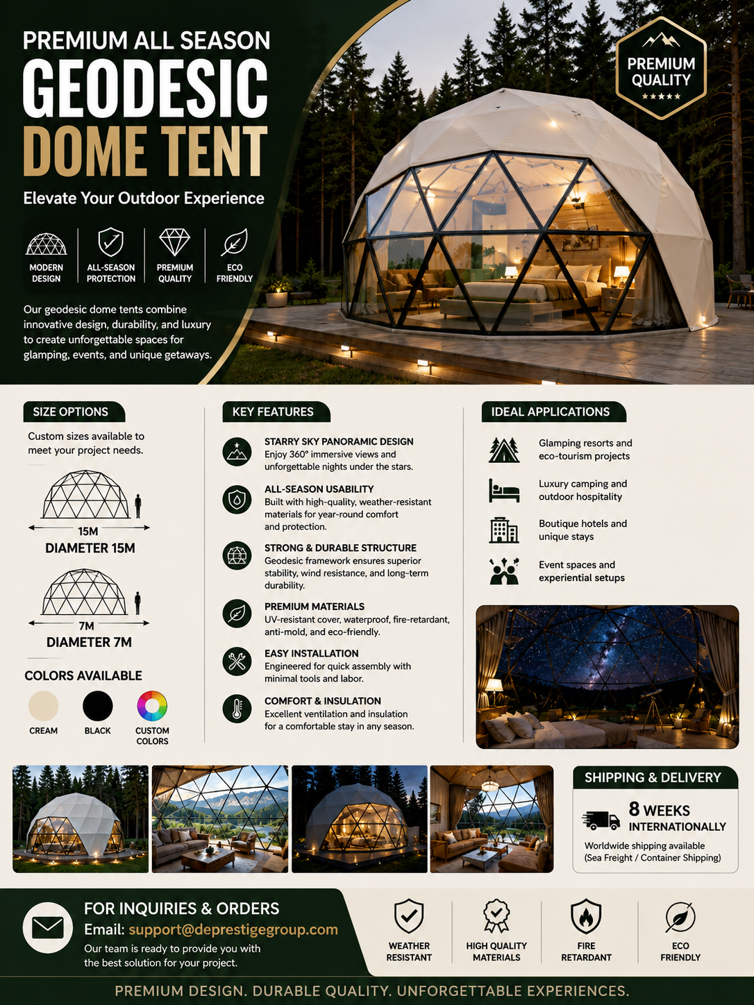 Tente dôme géodésique haut de gamme toutes saisons pour complexes de glamping événementiels