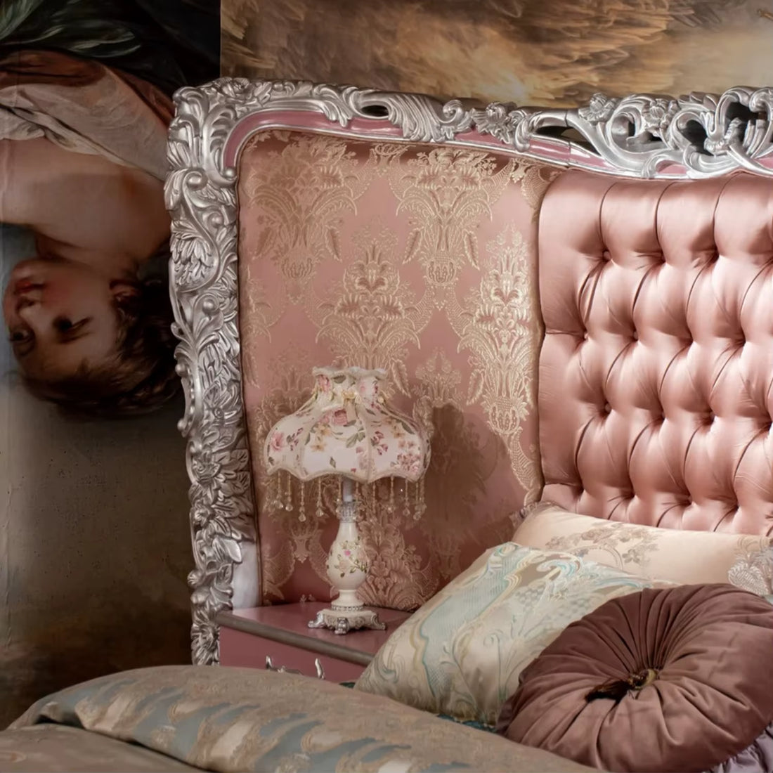 French Classic Hand Carved Silver Wood Bedroom Furniture Bed 