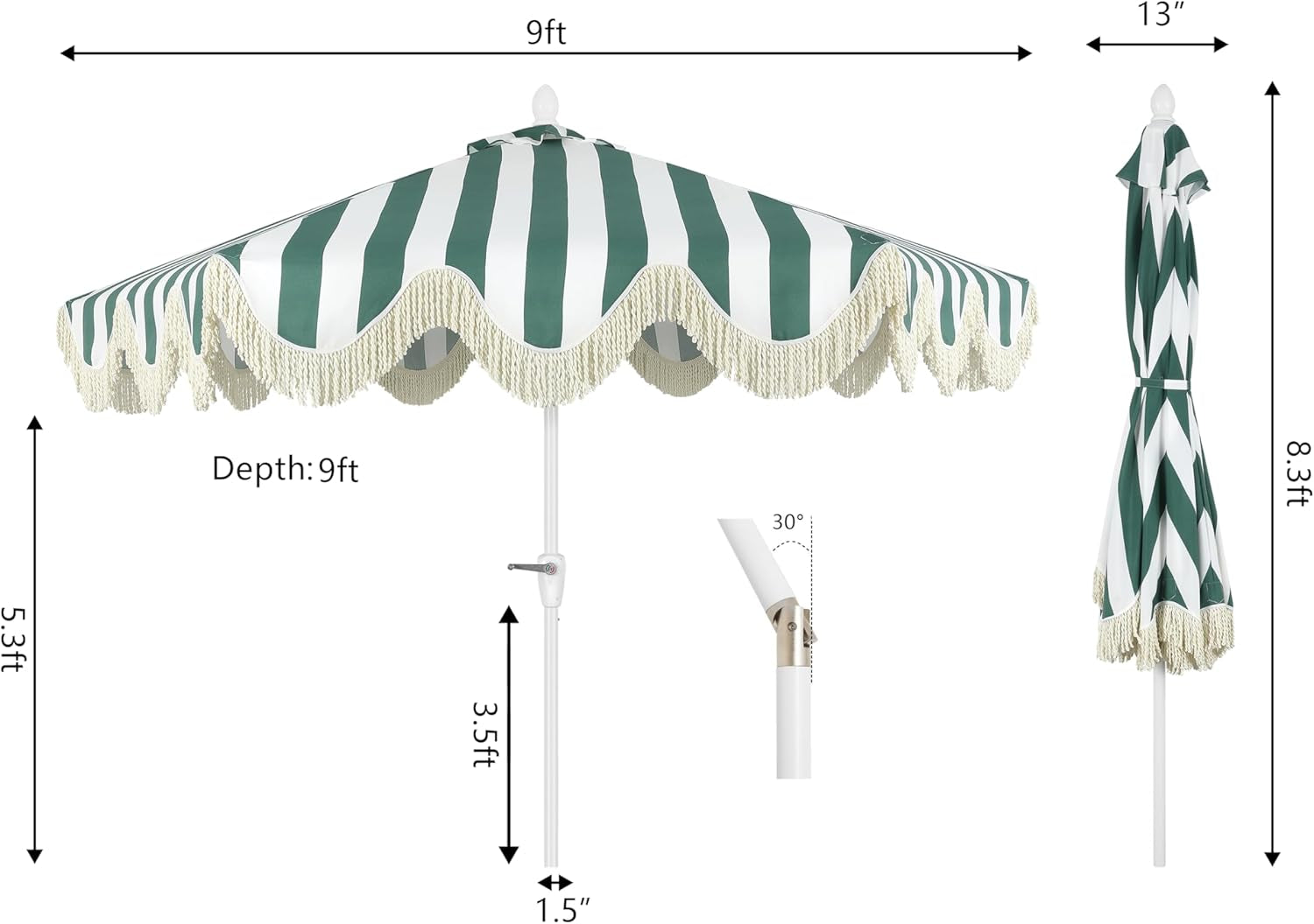 UMB1001 Collins 9 Ft. Classic Cottage Tassel Market Patio Umbrella with Auto-Tilt, Crank, Wind Vent and UV Protection