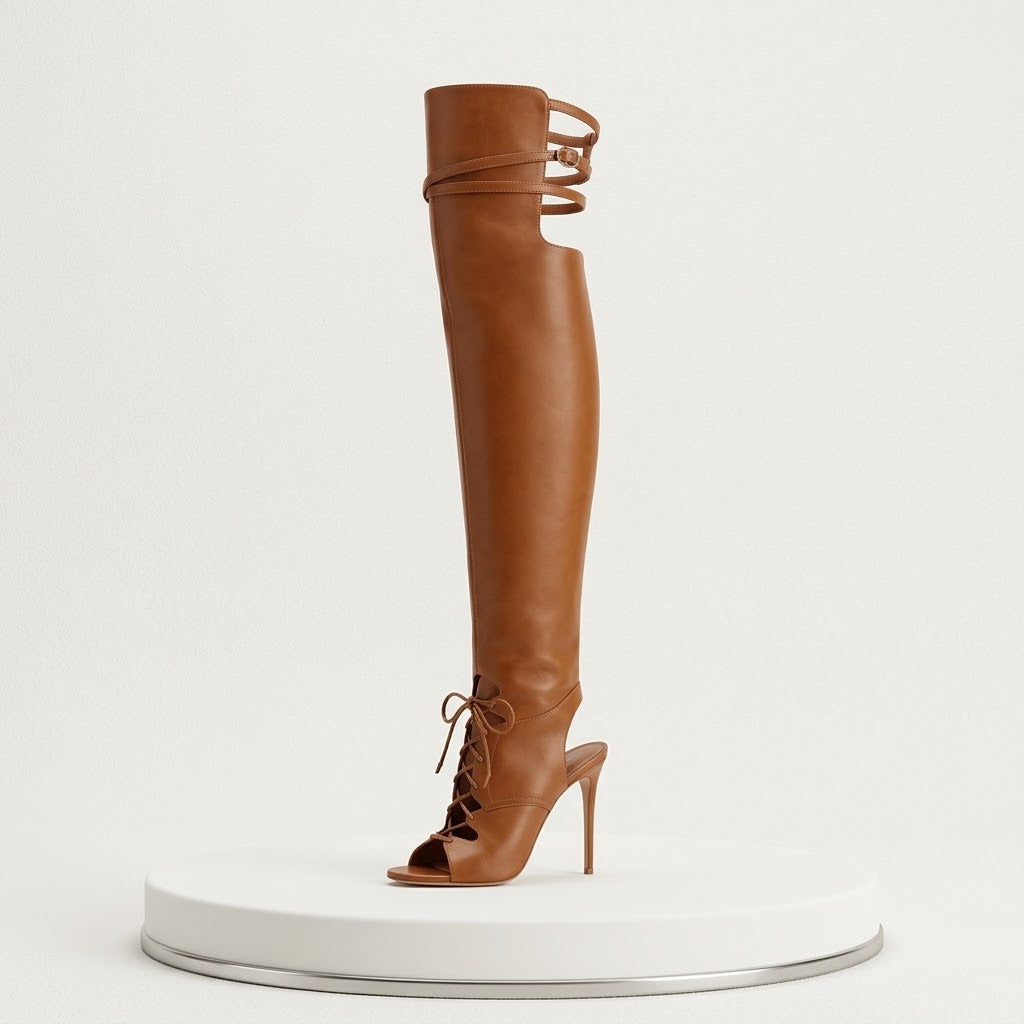 Women’s Black Over-the-Knee Open-Toe Stiletto Boots with Buckle Straps