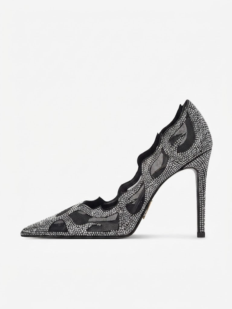 Luxury Women's Mesh Rhinestone High Heels – Pointed Toe, Hollow Design, Elegant Dress Shoes