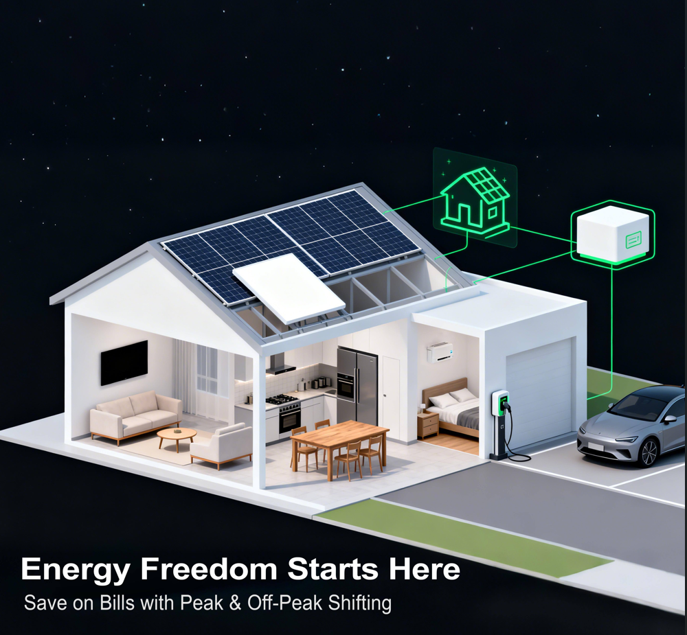 Illustration of a house with solar panels, electric car, and energy management system on a dark background.