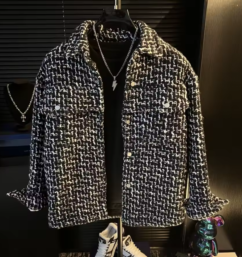 Men’s 3D Woven Checkered Jacket – Loose Fit Urban Autumn Outerwear