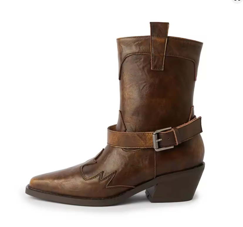 Women's Cowhide Western Boots – Embroidered Square Toe Mid-Heel Ankle Boots with Buckle