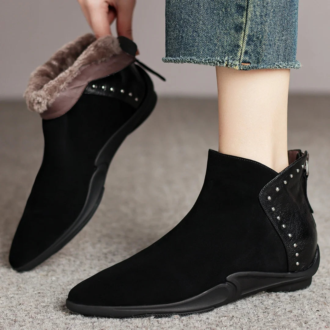 Women's Natural Suede Leather Sheepskin Ankle Boots – Pointed-Toe Rivet Design