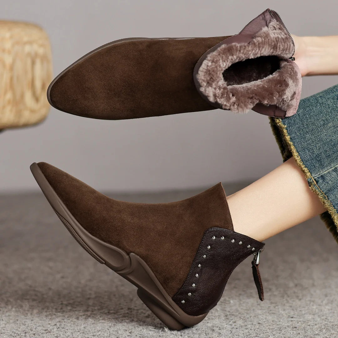 Women's Natural Suede Leather Sheepskin Ankle Boots – Pointed-Toe Rivet Design