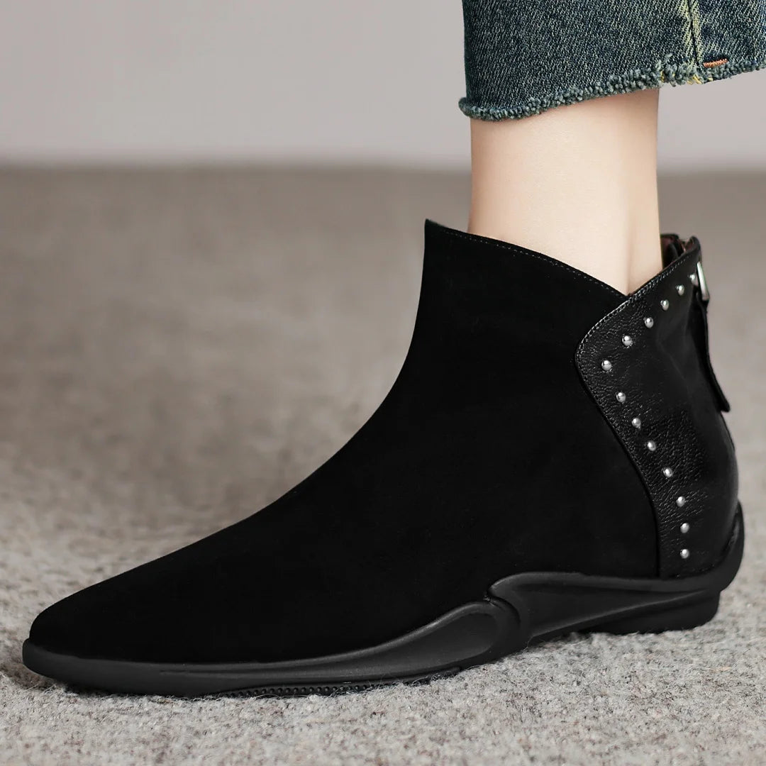 Women's Natural Suede Leather Sheepskin Ankle Boots – Pointed-Toe Rivet Design