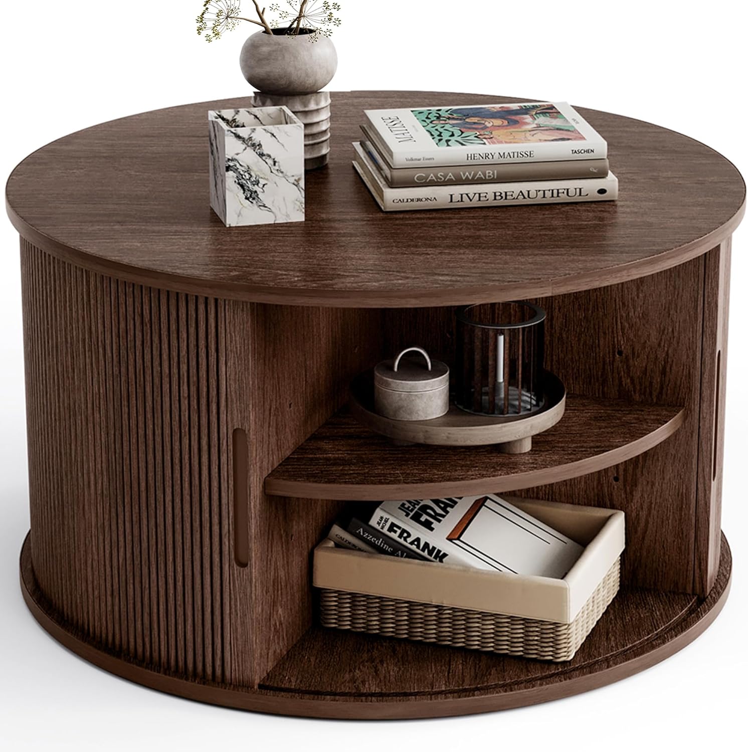 Round Coffee Table, 31.5" Drum Coffee Table with Sliding Tambour Door, Fluted Accent Center Table with Storage