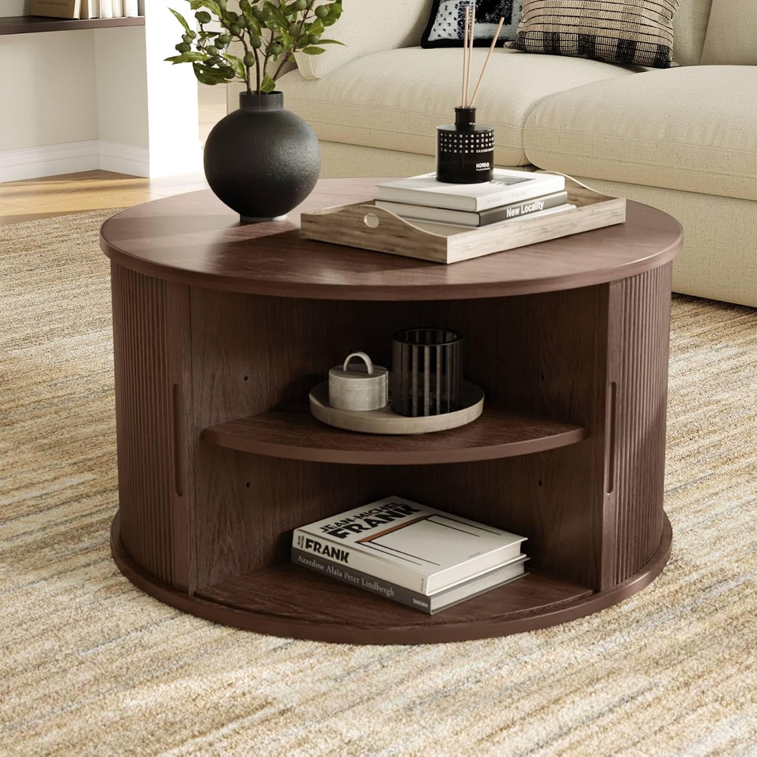 Round Coffee Table, 31.5" Drum Coffee Table with Sliding Tambour Door, Fluted Accent Center Table with Storage