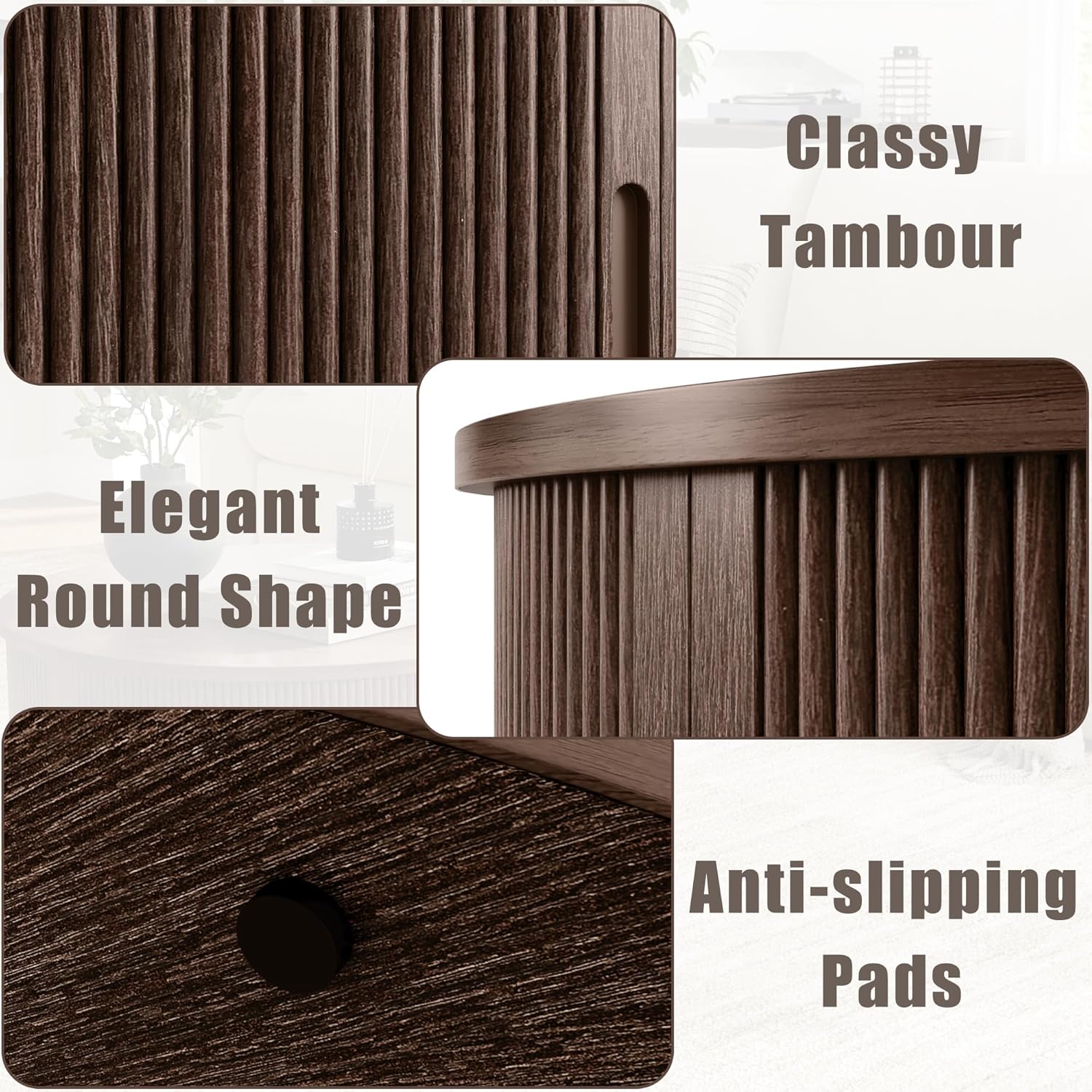 Round Coffee Table, 31.5" Drum Coffee Table with Sliding Tambour Door, Fluted Accent Center Table with Storage