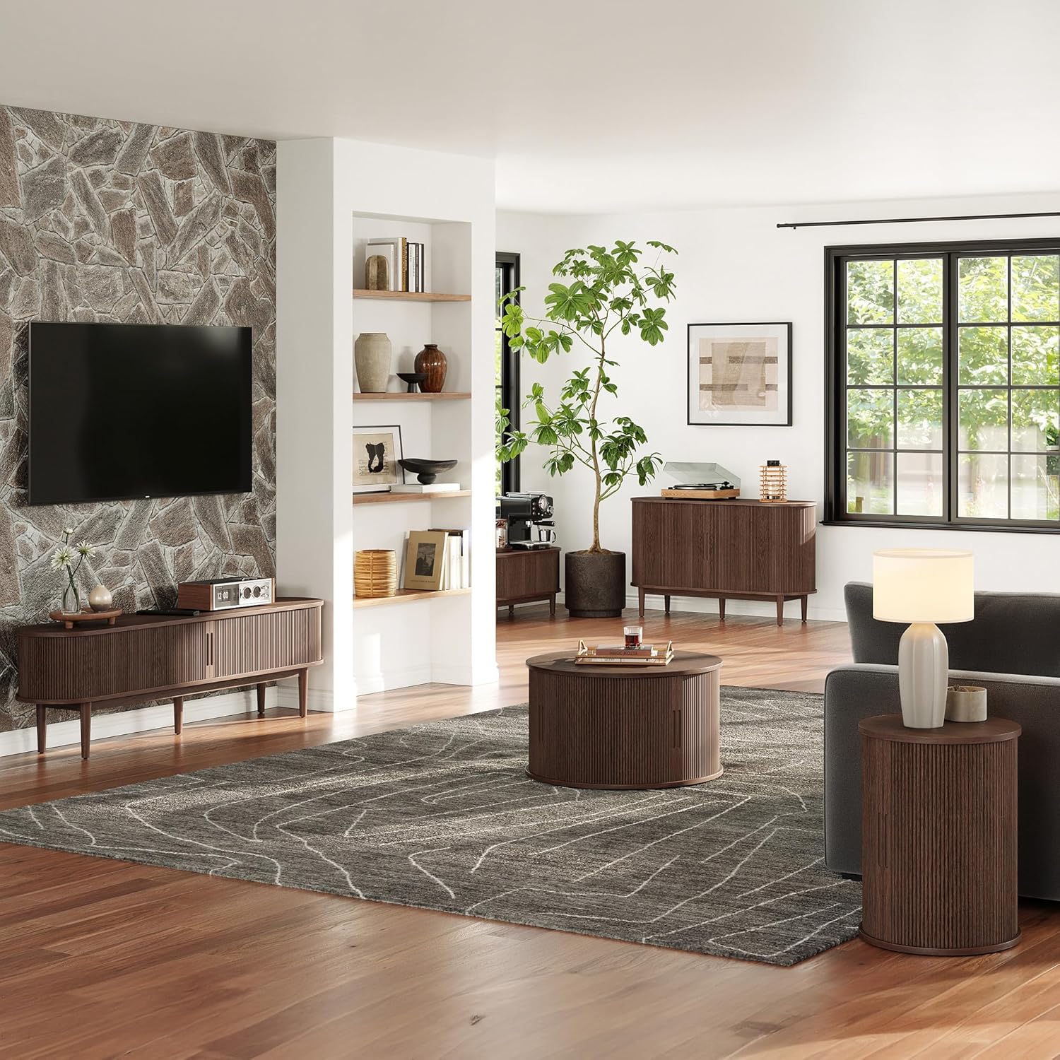 Round Coffee Table, 31.5" Drum Coffee Table with Sliding Tambour Door, Fluted Accent Center Table with Storage