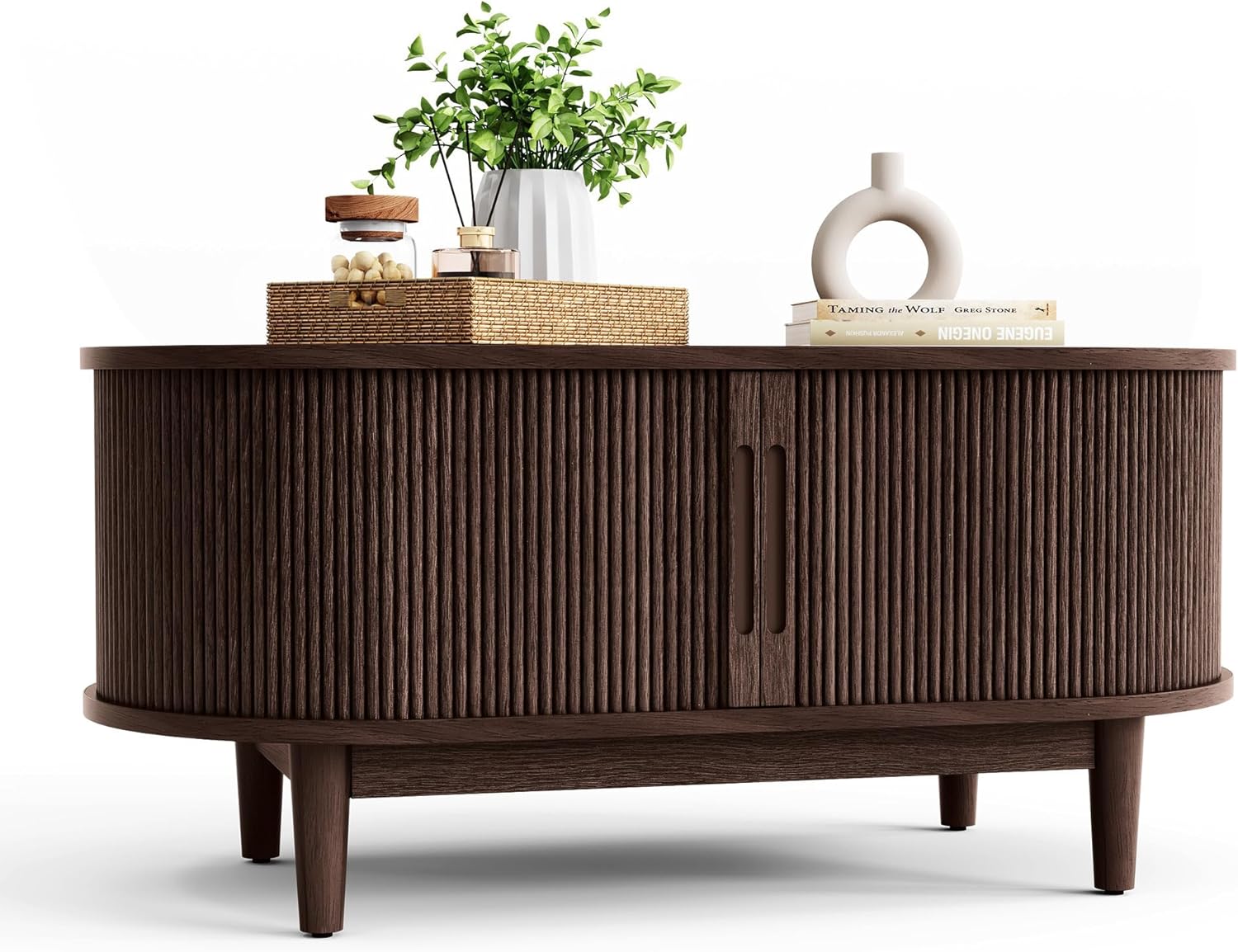 Round Coffee Table, 31.5" Drum Coffee Table with Sliding Tambour Door, Fluted Accent Center Table with Storage