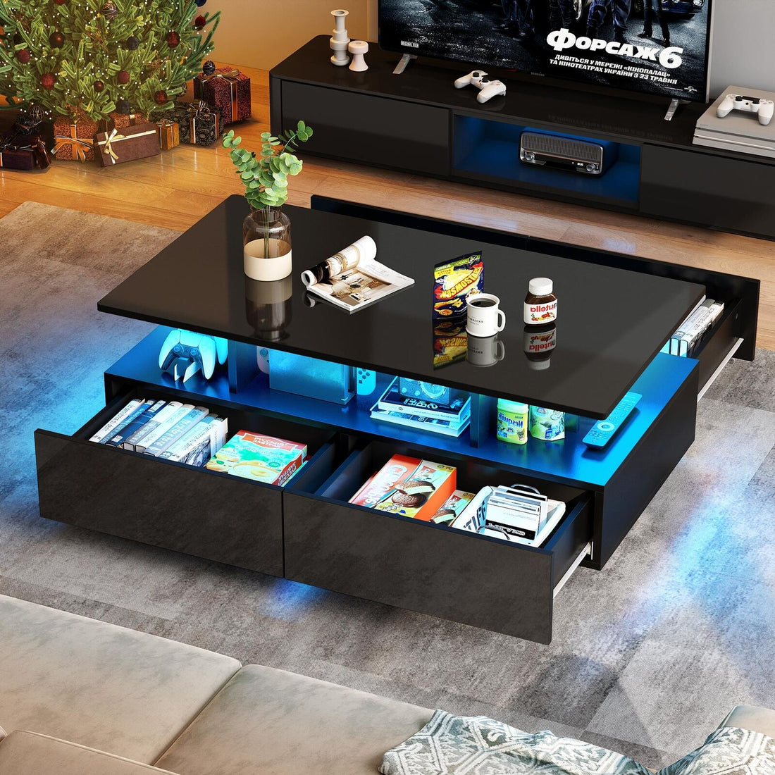 LED Coffee Table W/4 Drawer Storage High Gloss Wood Modern Living Room Furniture