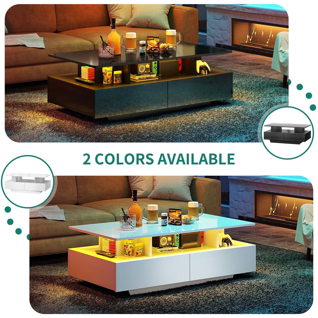 LED Coffee Table W/4 Drawer Storage High Gloss Wood Modern Living Room Furniture