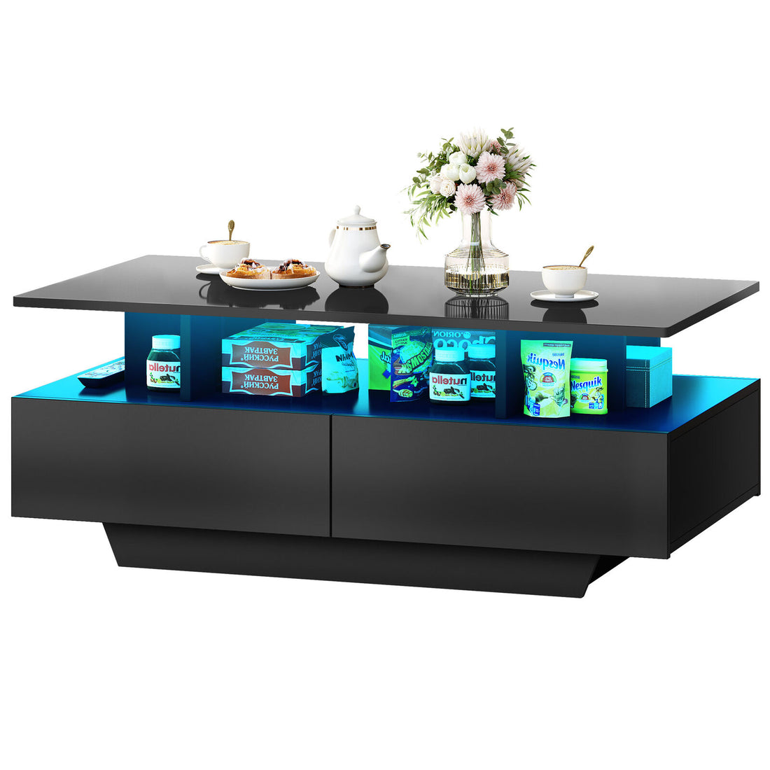 LED Coffee Table W/4 Drawer Storage High Gloss Wood Modern Living Room Furniture