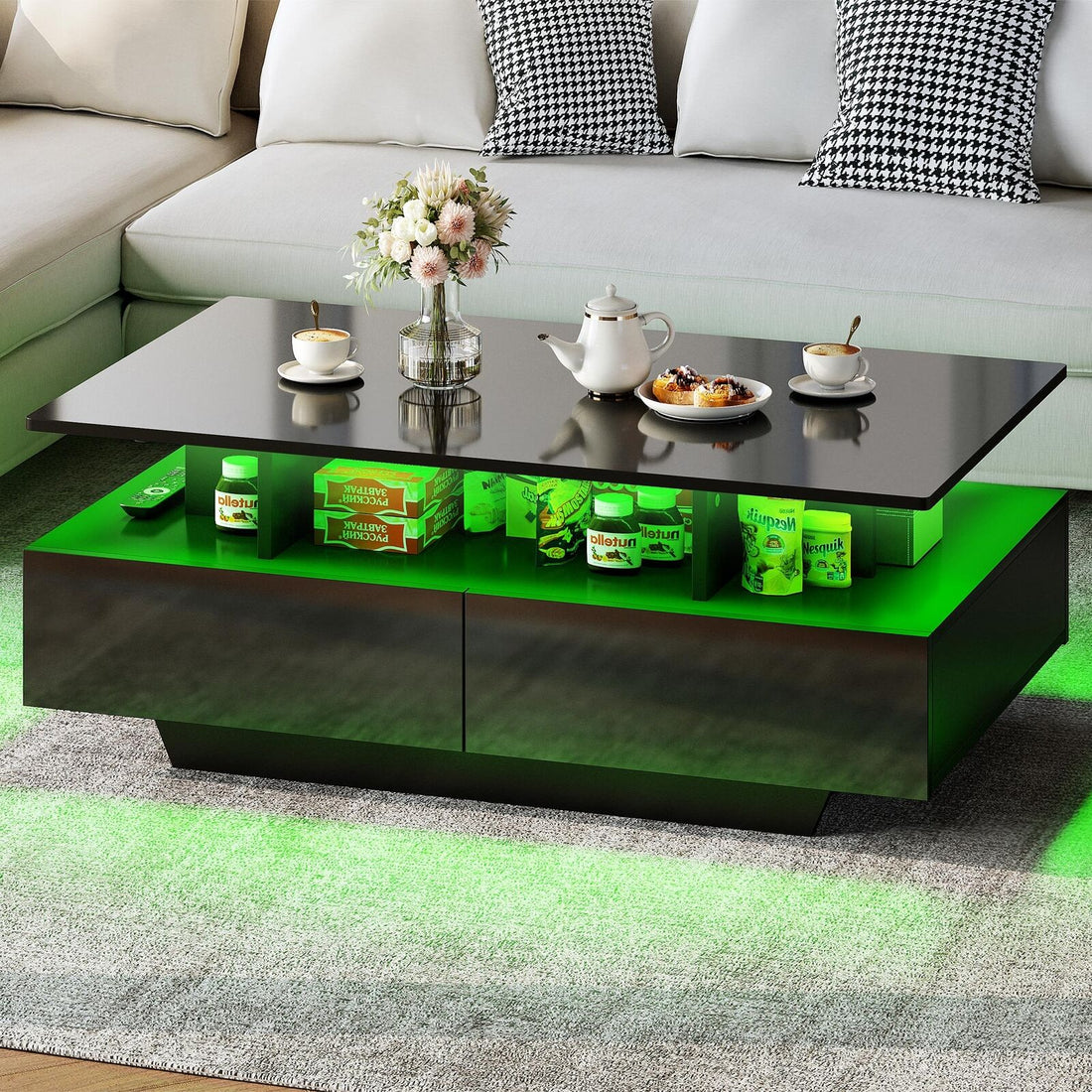 LED Coffee Table W/4 Drawer Storage High Gloss Wood Modern Living Room Furniture