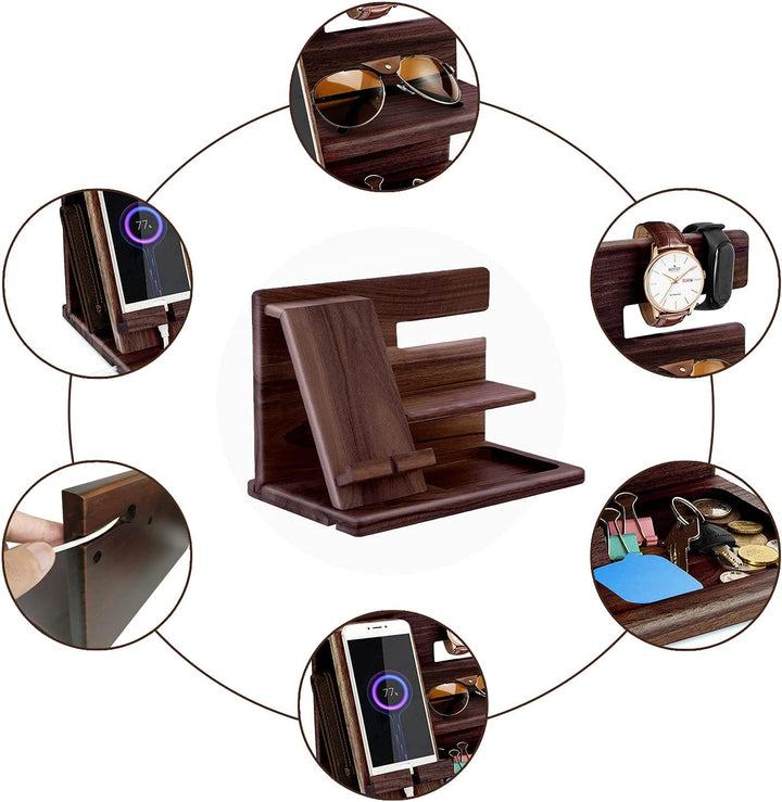 Gifts for Men Bedside Organiser for Him Birthday Gifts for Him Wood Phone Docking Station Key Holder Wallet Stand Watch Organizer Valentines Gifts for Him Wooden Organiser Gifts for Dad Men Husband