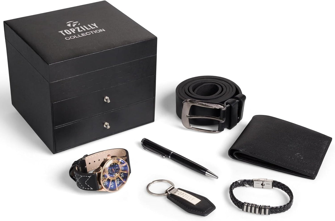 Premium Mens Gift Set: Watch, Bracelet, Keychain, Leather Wallet & Belt - Birthday Gifts for Him, Christmas Gifts for Men, Mens Wallets, Gift Ideas, Hampers for Men