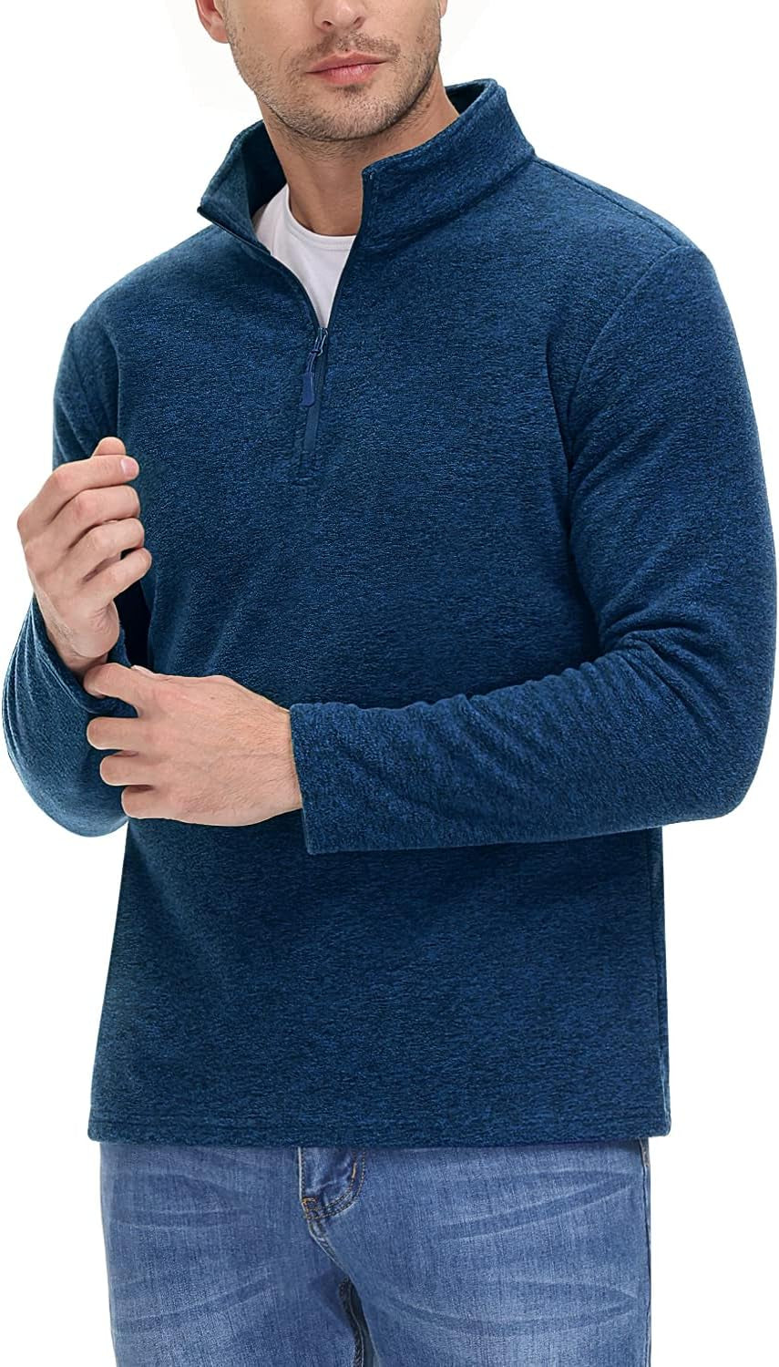 Mens Pullover Jumper Fleece Shirts Long Sleeve Work Pullover Sweater 1/4 Zip Top Fleece Sweatshirts Dark Blue,S