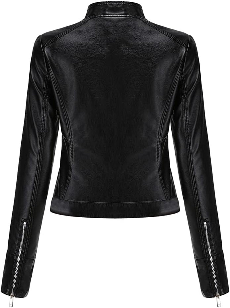 Women'S Stylish Faux Leather Jacket Zip up Motorcycle Short PU Moto Biker Outwear Fitted Slim Coat