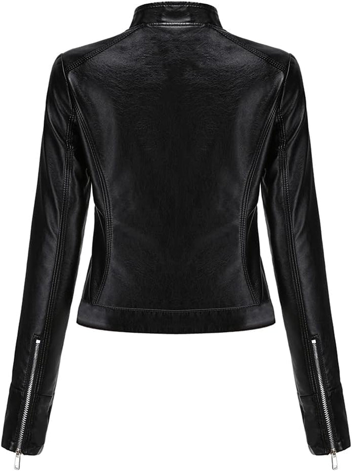 Women'S Stylish Faux Leather Jacket Zip up Motorcycle Short PU Moto Biker Outwear Fitted Slim Coat