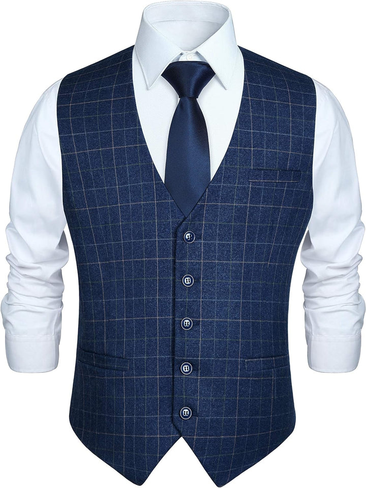 Men'S Formal Wedding Party Waistcoat Cotton Plaid Dress Suit Vest