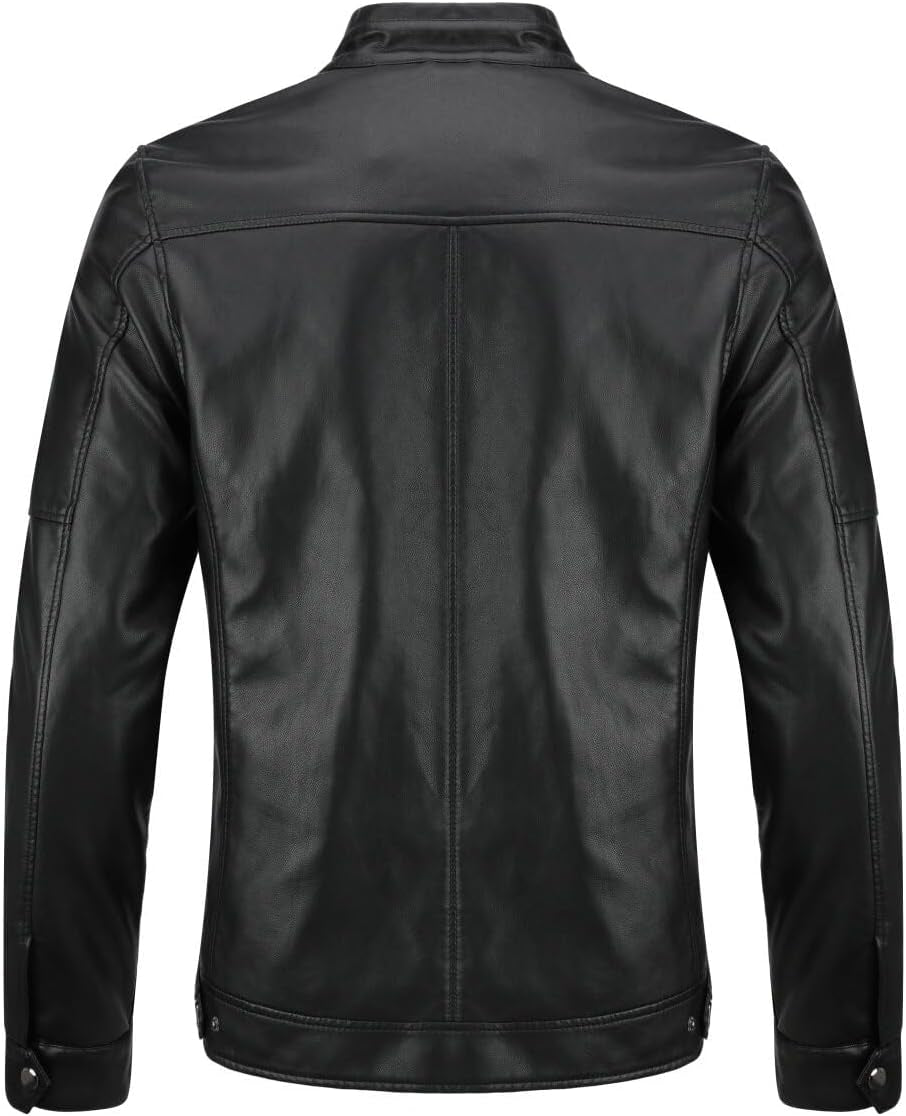 Men'S Casual Leather Jacket Stand Collar Soft Bomber Faux Leather Jacket, Light Black