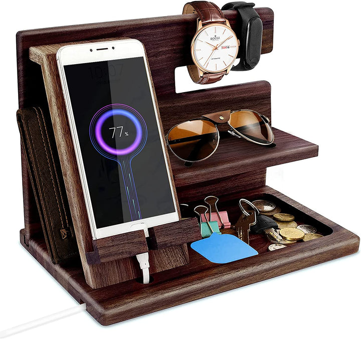 Gifts for Men Bedside Organiser for Him Birthday Gifts for Him Wood Phone Docking Station Key Holder Wallet Stand Watch Organizer Valentines Gifts for Him Wooden Organiser Gifts for Dad Men Husband