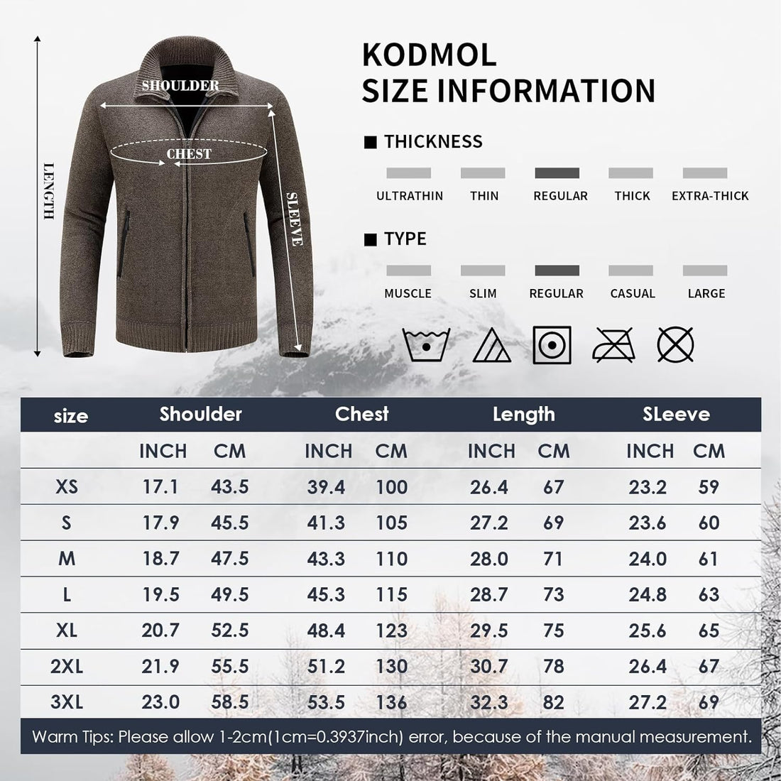 KODMOL Mens Knitted Causal Cardigan Thick Full Zip Sweater Padded Lined Winter Jumper Tops for Men