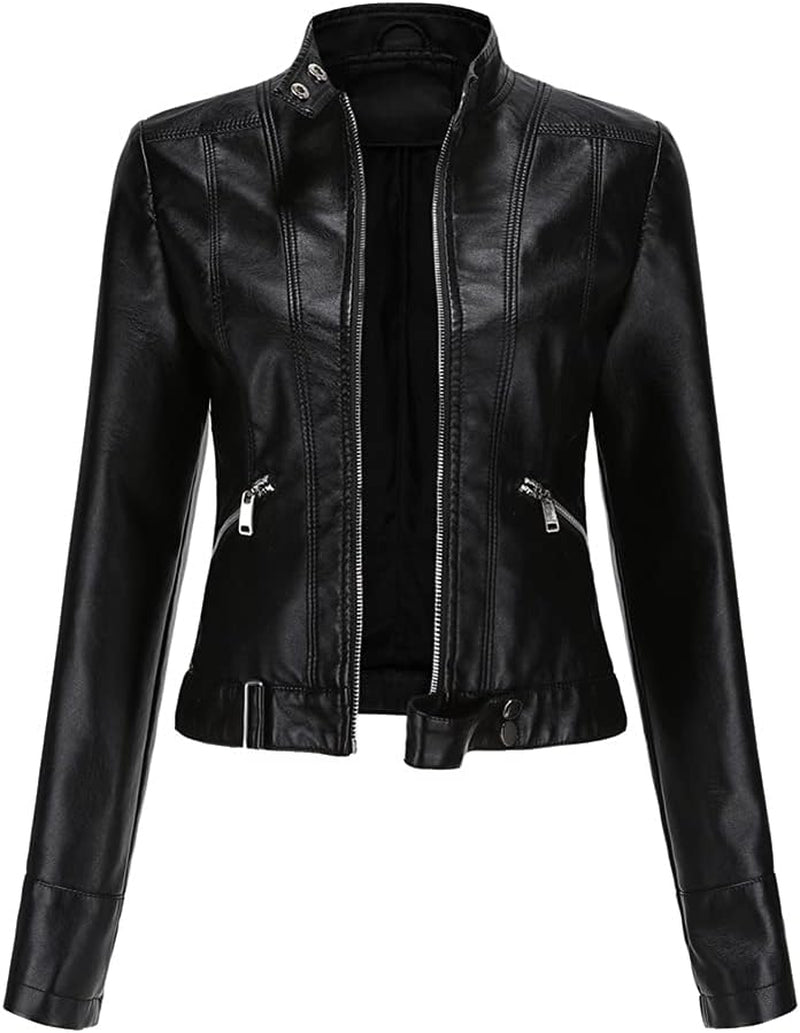 Women'S Stylish Faux Leather Jacket Zip up Motorcycle Short PU Moto Biker Outwear Fitted Slim Coat