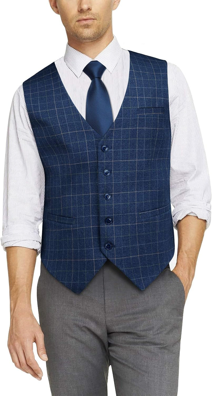 Men'S Formal Wedding Party Waistcoat Cotton Plaid Dress Suit Vest