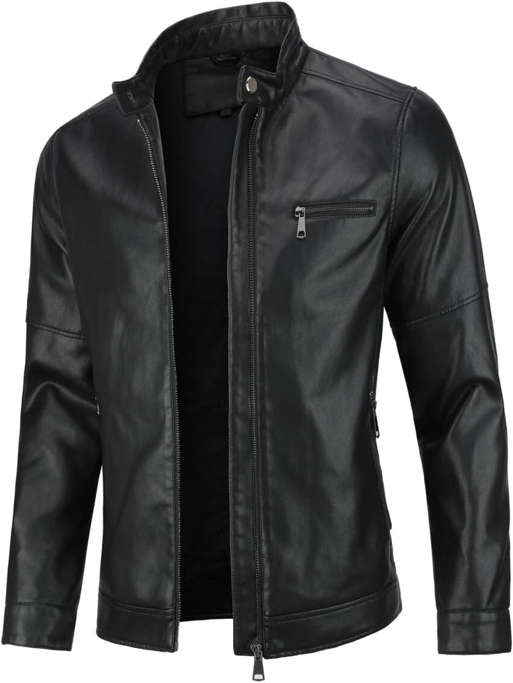 Men'S Casual Leather Jacket Stand Collar Soft Bomber Faux Leather Jacket, Light Black