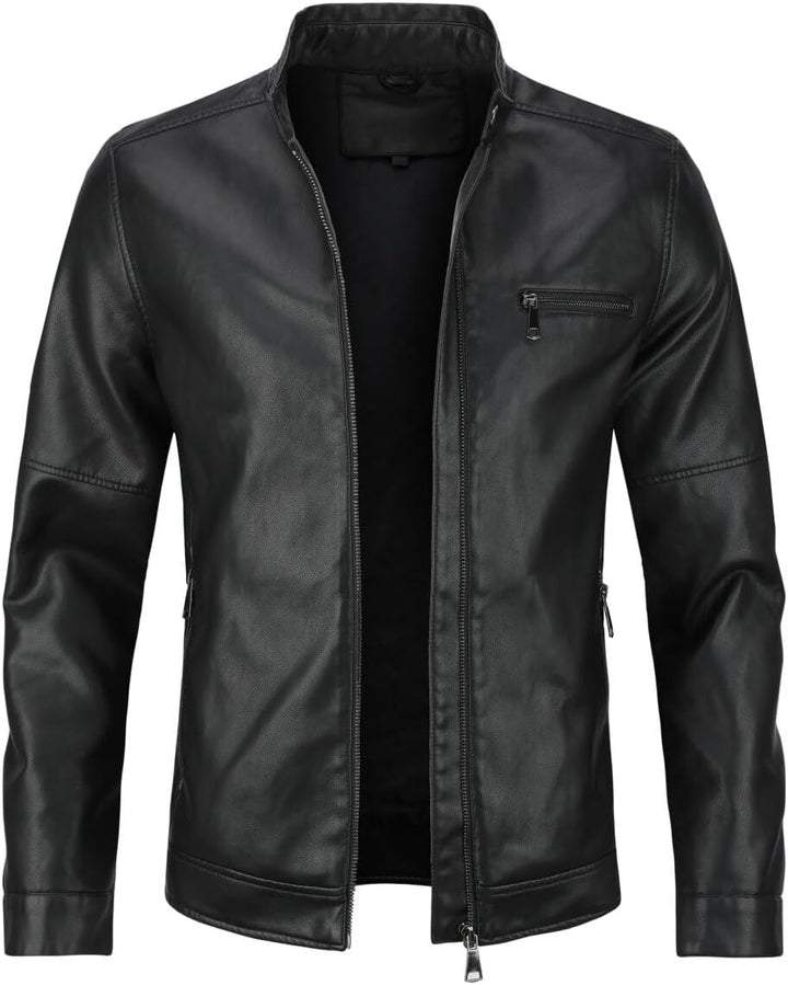 Men'S Casual Leather Jacket Stand Collar Soft Bomber Faux Leather Jacket, Light Black